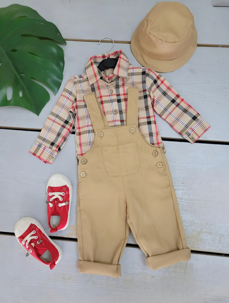 Großhändler Chicaprie - Set aus kariertem Hemd und schlichtem Overall für Babys mit Fischerhut