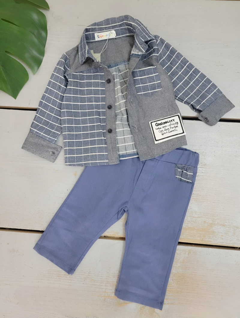 Großhändler Chicaprie - Set aus einfarbig kariertem Bi-Style-Hemd und Hose für Baby-Jungen