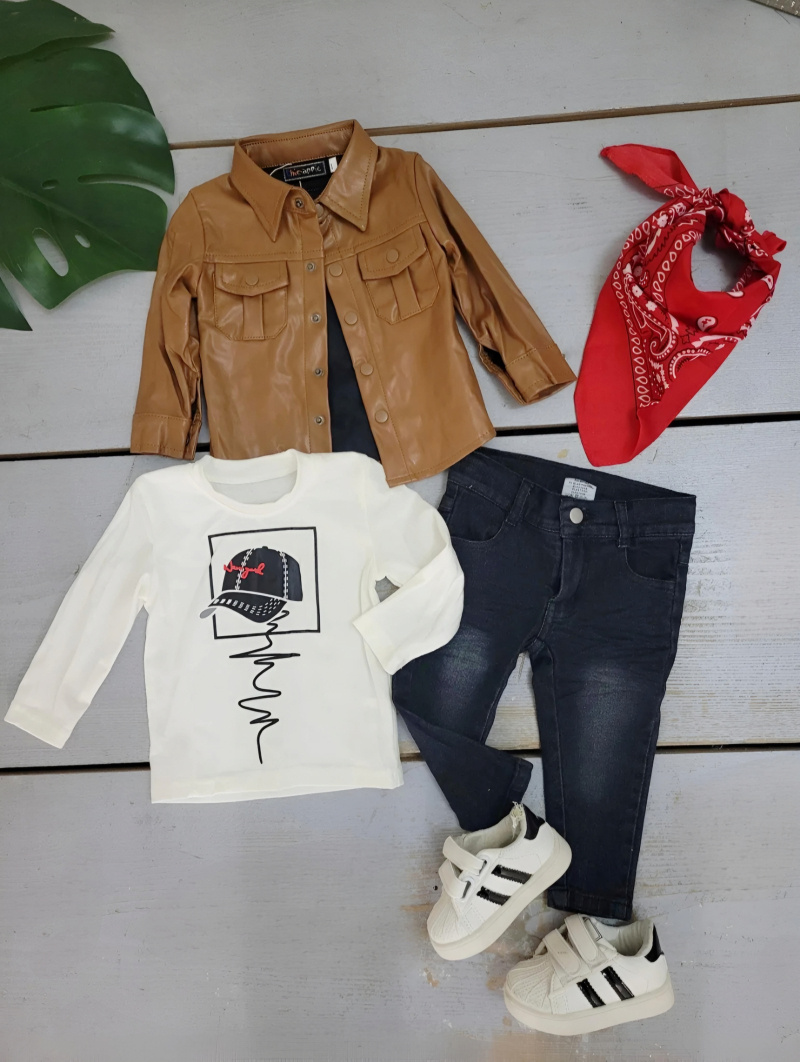 Großhändler Chicaprie - Set aus Kunstlederjacke, T-Shirt, Jeans und Bandana für Babys