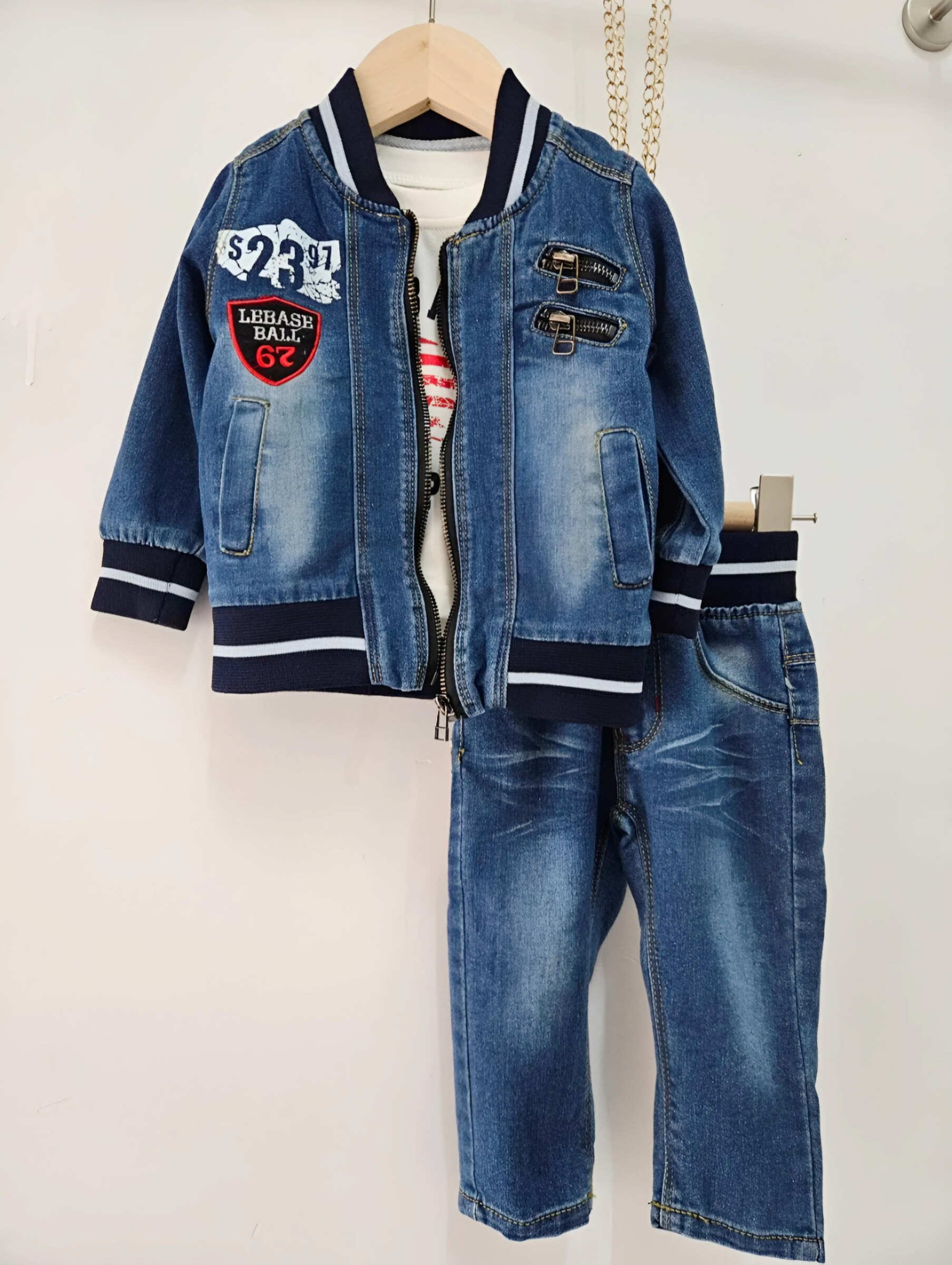 Mayorista Chicaprie - Conjunto de chaqueta y pantalón vaquero estilo escolar americano para bebé niño