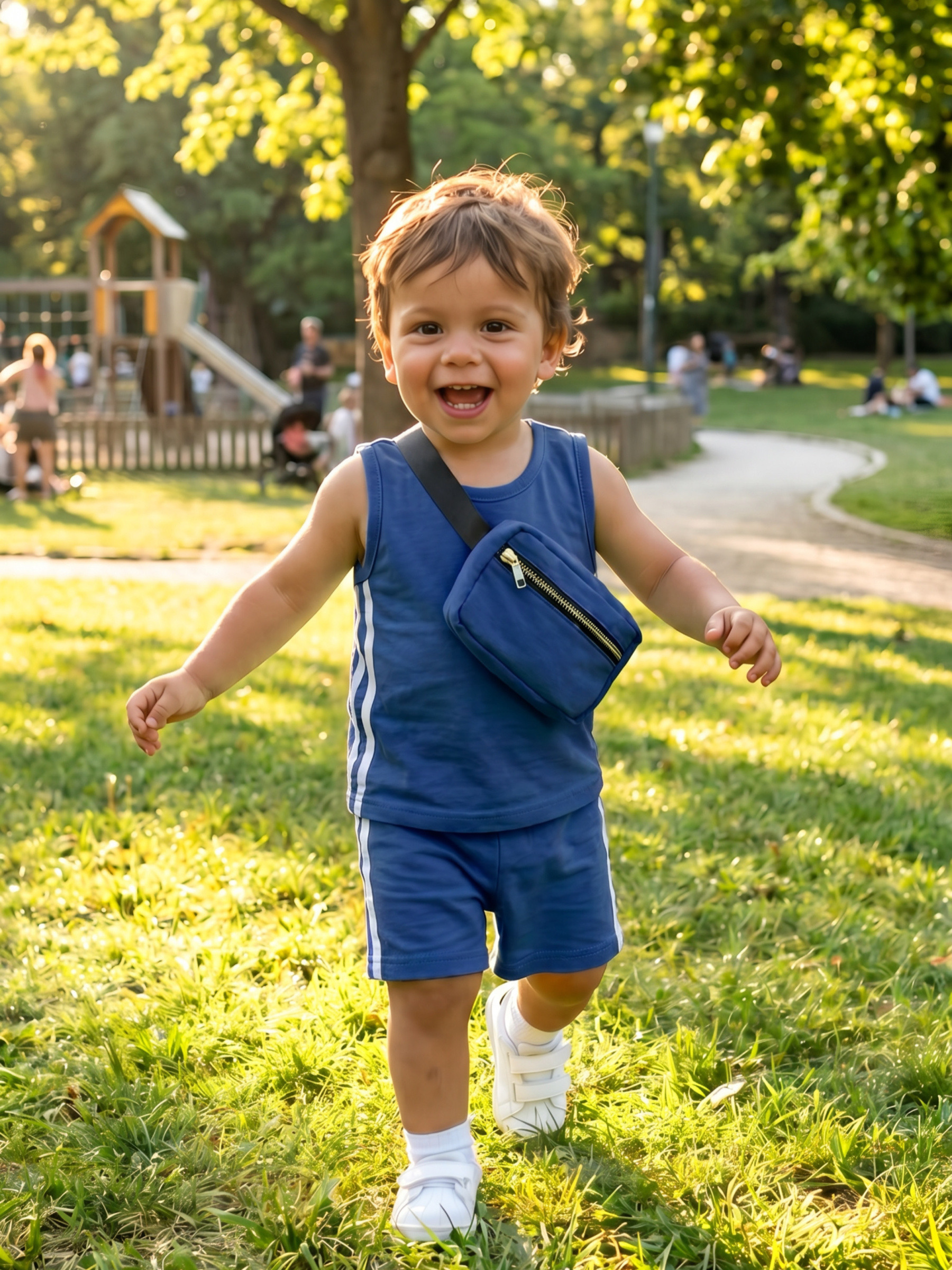 Grossiste Chicaprie - Ensemble Débardeur Et Short Uni Avec Bandes Sportif Et Sac Banane Bébé Garçon