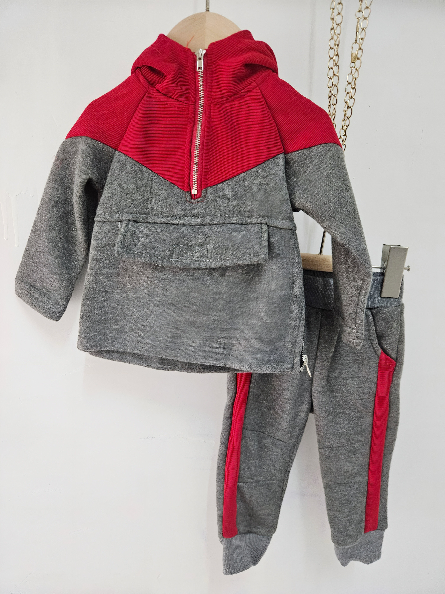 Wholesaler Chicaprie - Hooded Zip Sweatshirt Set with Fake Central Pocket and Urban Sports Jogging for Baby Boy