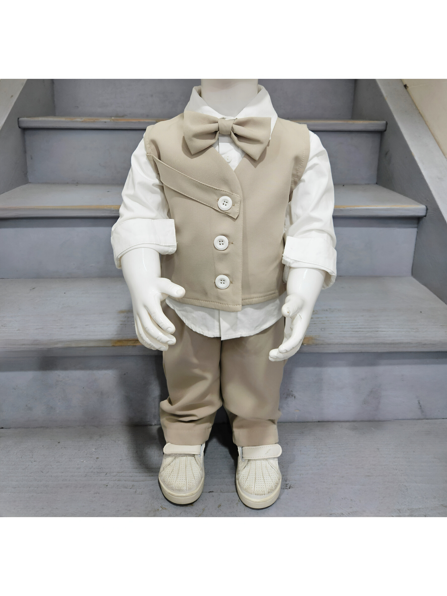 Grossiste Chicaprie - Ensemble Gilet Avec Chemise Noeud Uni Et Pantalon Fête Chic Bébé Garçon