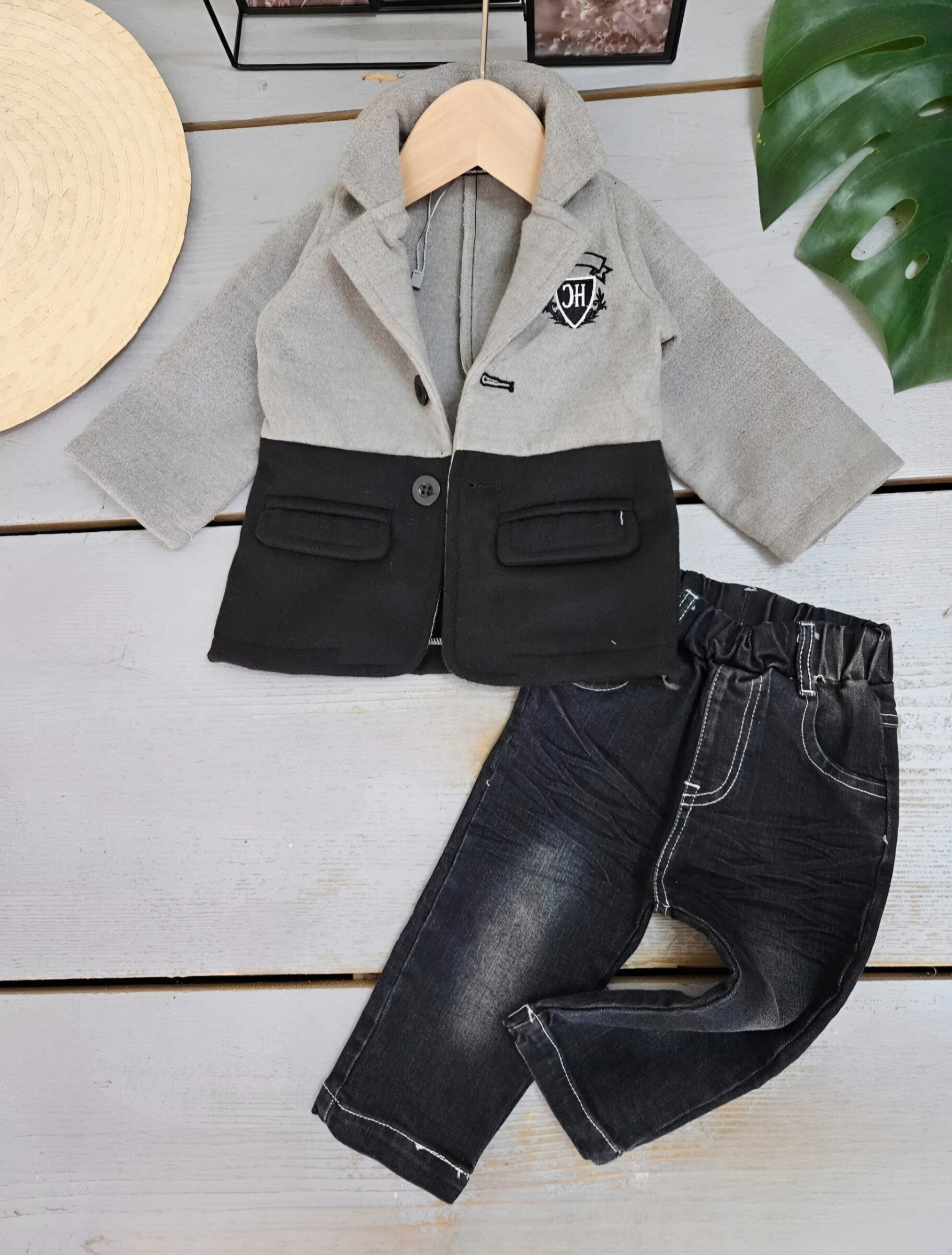 Mayorista Chicaprie - Elite School Conjunto Bebé Niño Abrigo Fluido Bicolor Y Pantalón Vaquero