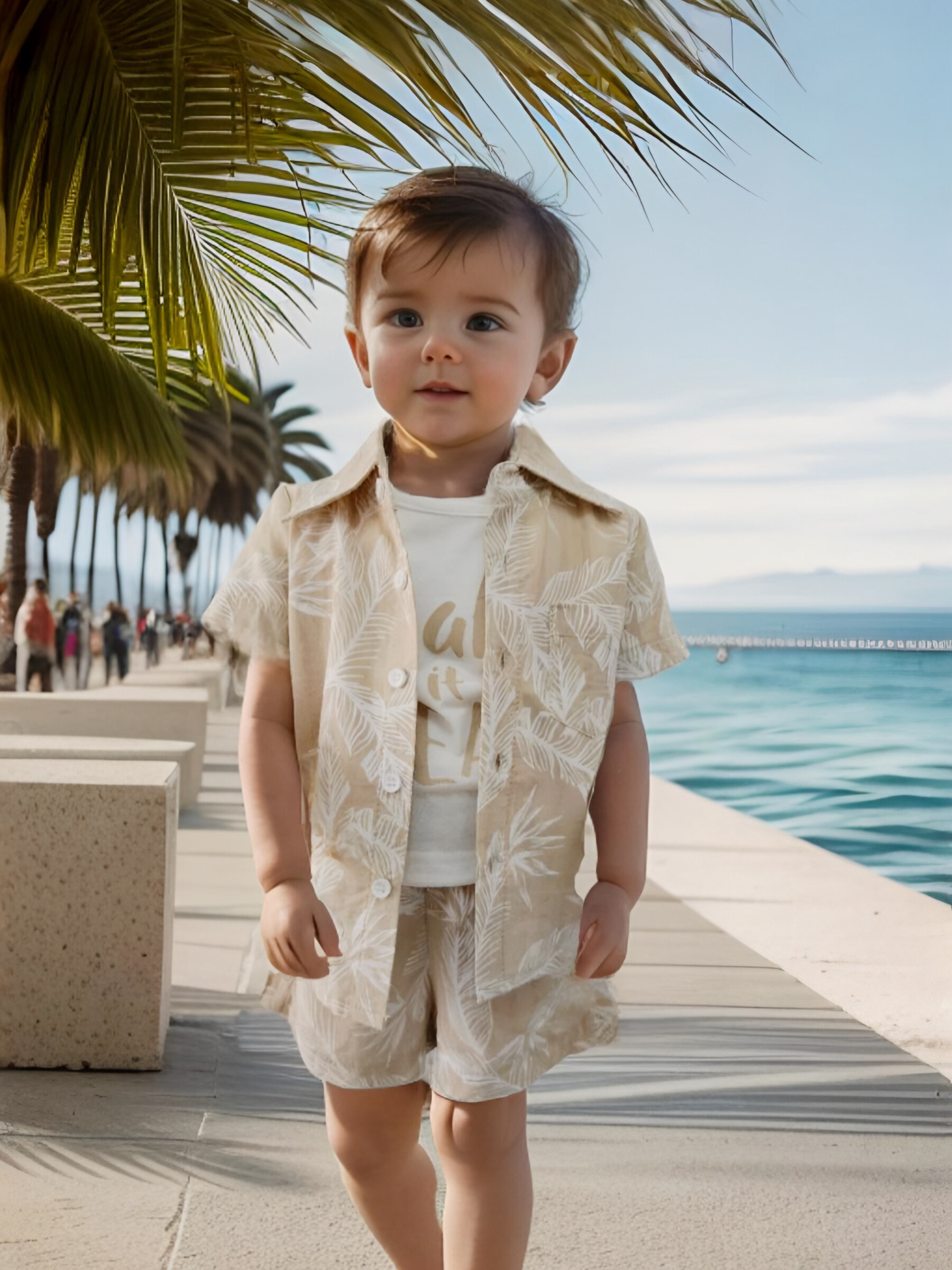 Mayorista Chicaprie - Conjunto De Camisa Y Pantalones Cortos Estampados Tropicales Junto Al Mar Con Camiseta De Tirantes Para Bebé Niño