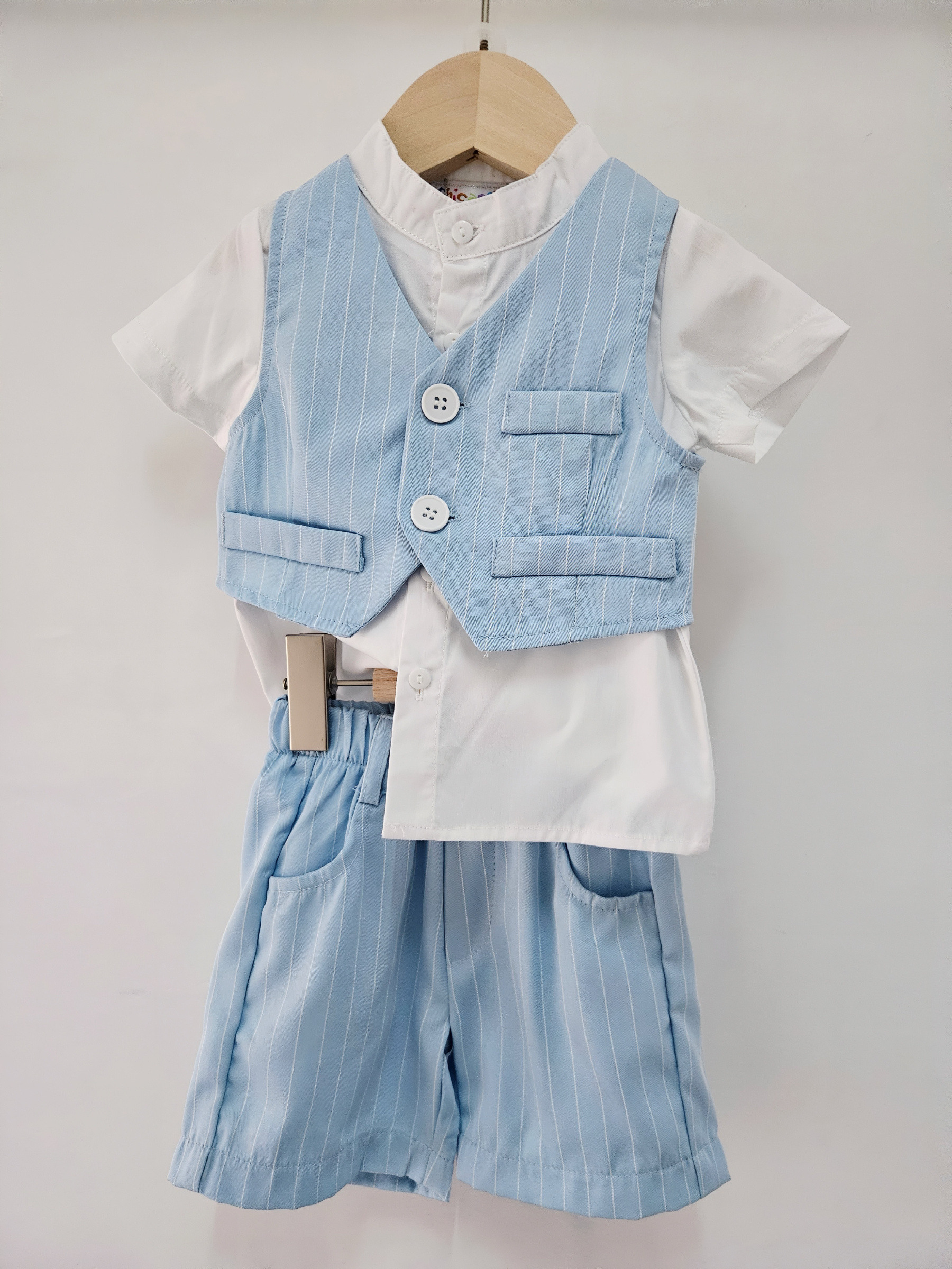 Wholesaler Chicaprie - A smart casual baby boy outfit including a suit jacket, waistcoat, striped shirt, and plain shorts