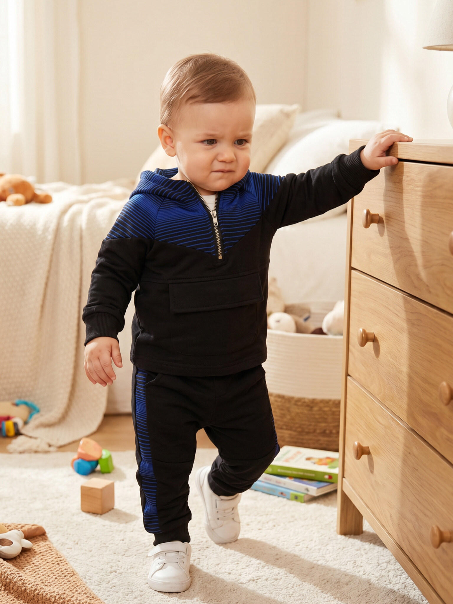 Grossiste Chicaprie - Ensemble Sweat À Capuche Avec Zip Et Jogging Rayures Sport Urbain Bébé Garçon