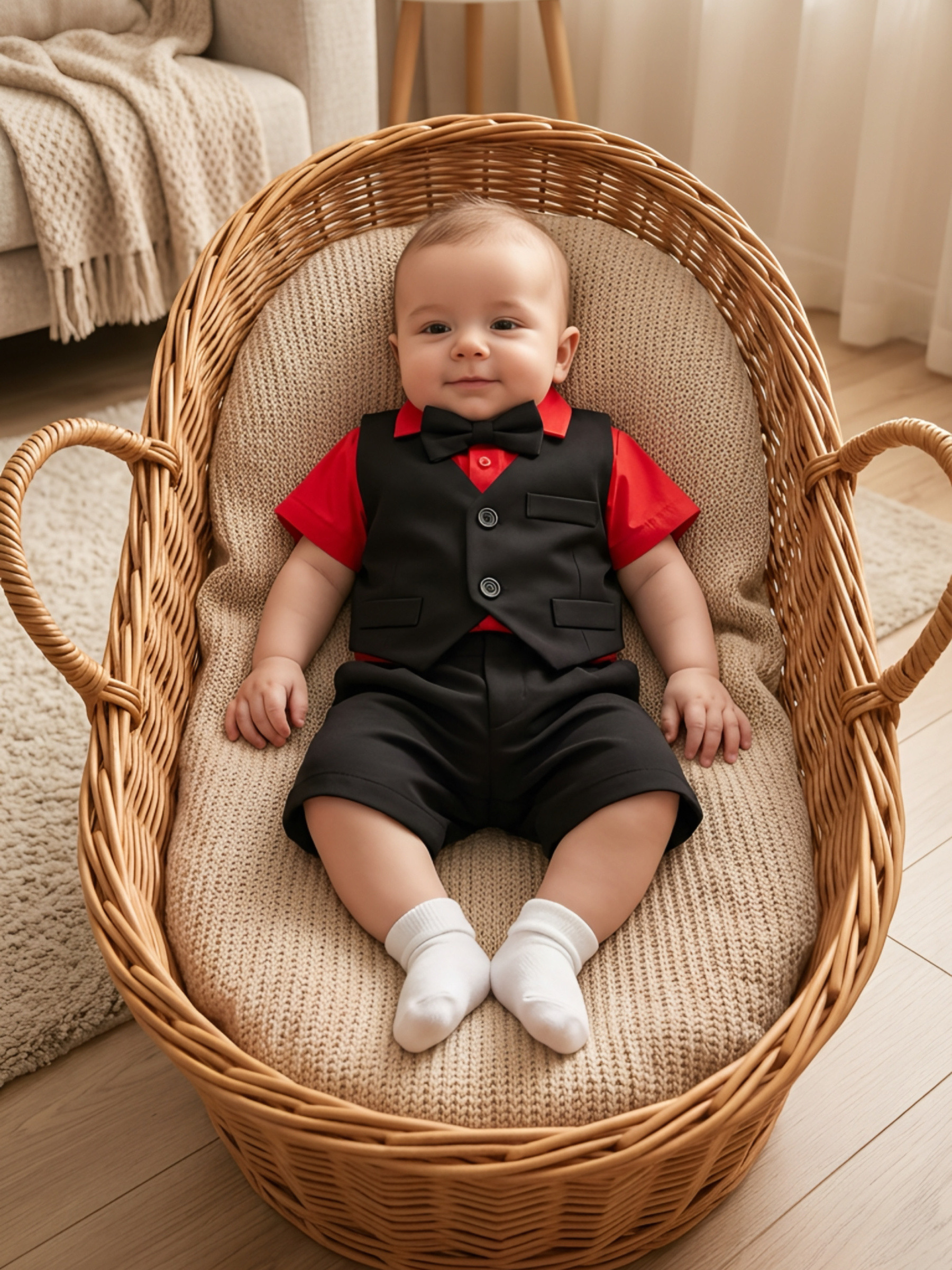Grossiste Chicaprie - Ensemble Costume Chemise Noeud Avec Pantacourt Chic Soirée Bébé Garçon