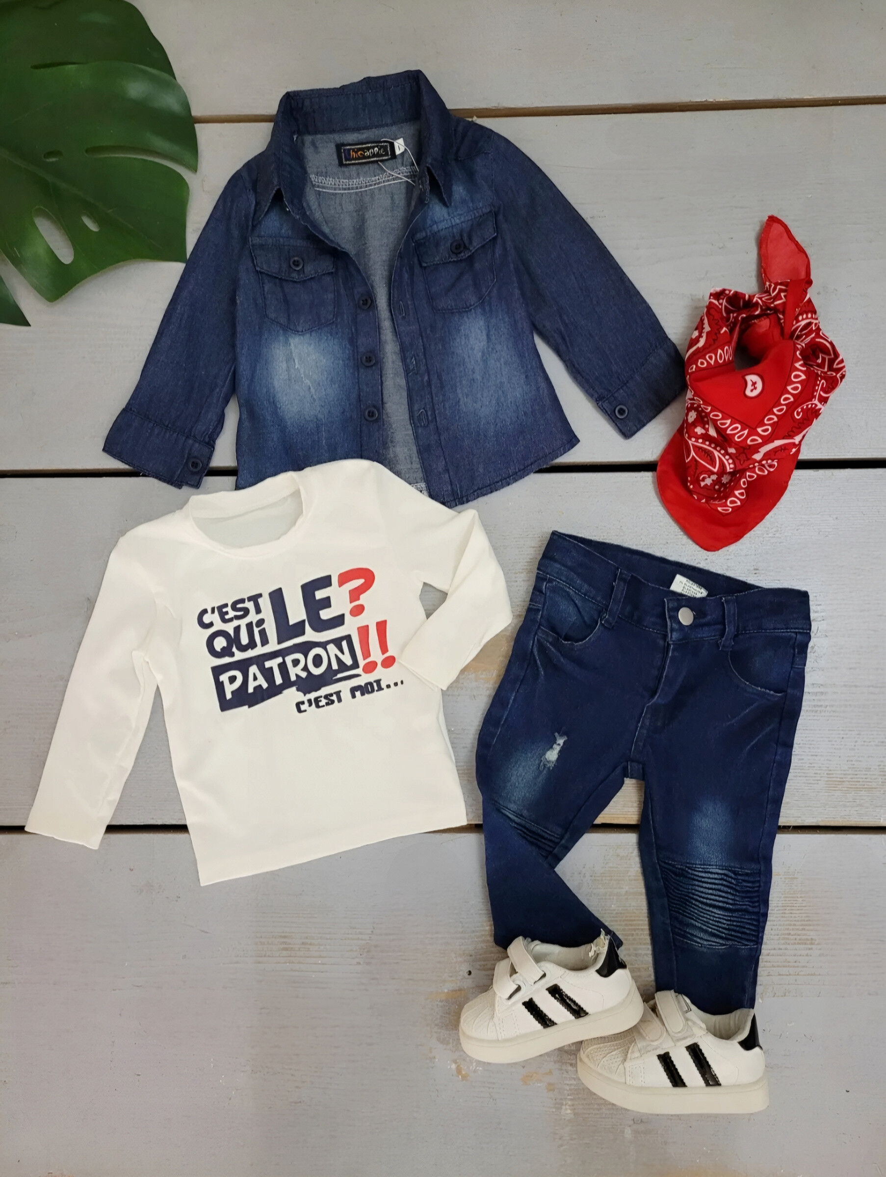 Grossiste Chicaprie - Ensemble Veste Et Pantalon Jeans Classique Avec Bandana Urbain Style Western Bébé Garçon