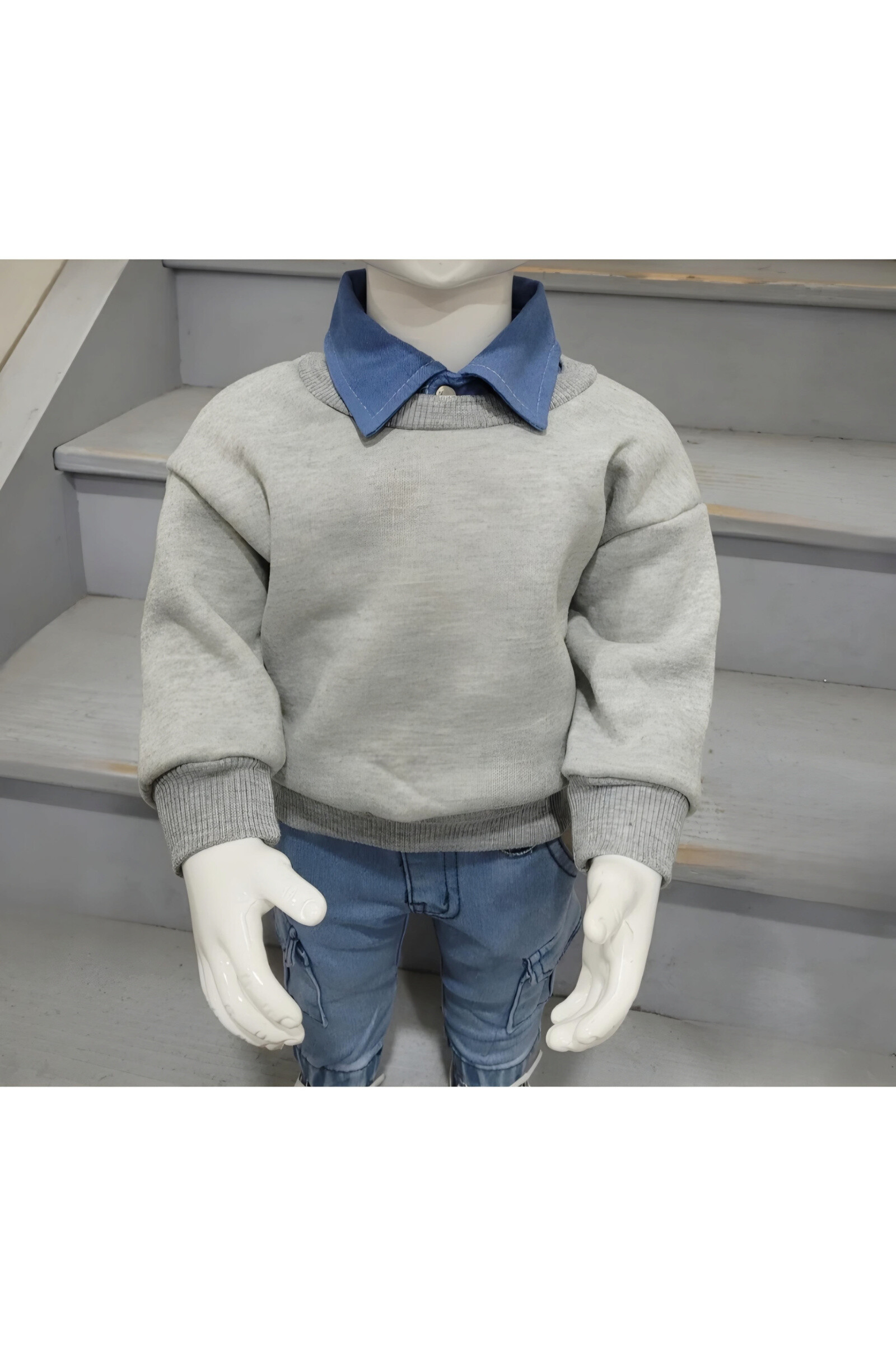 Grossiste Chicaprie - Ensemble Pull Manches Longues Uni Avec Collerette Intérieur Jeans Bébé Garçon