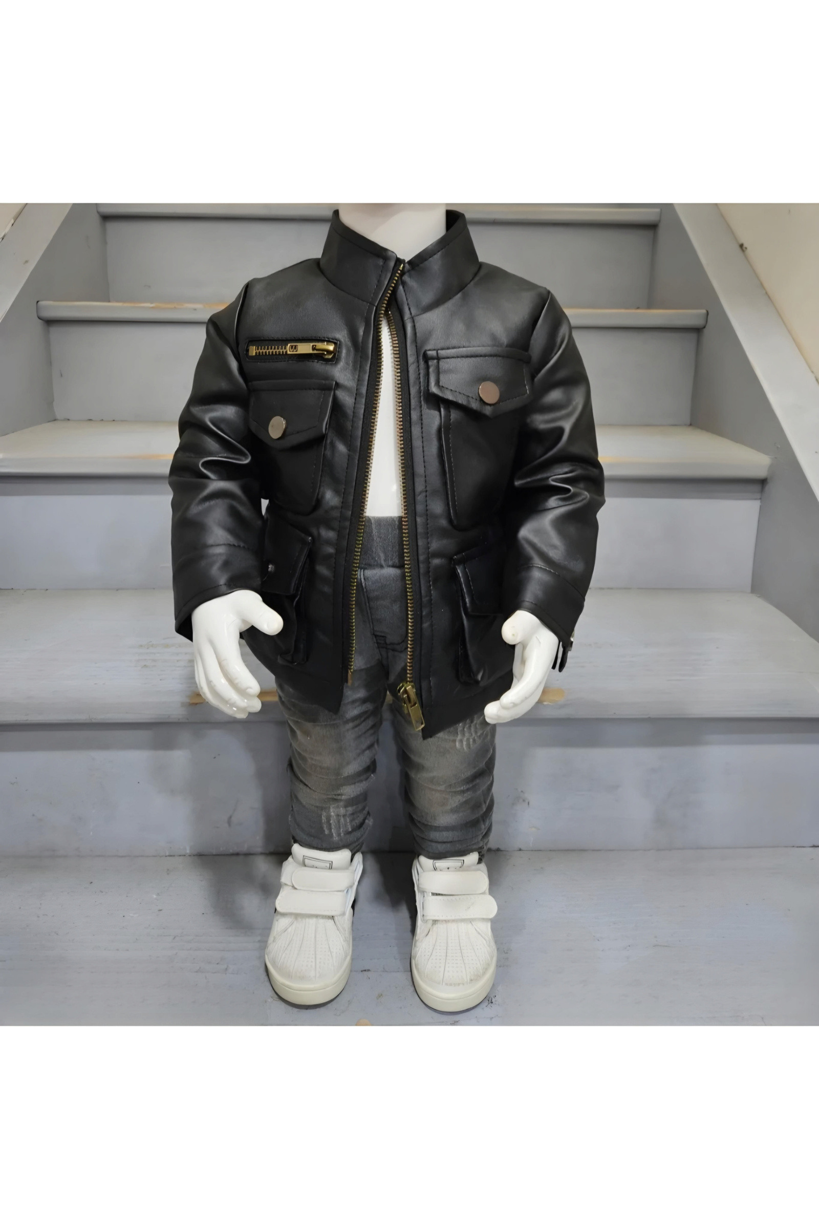 Großhändler Chicaprie - Kunstlederjacke mit Reißverschluss und Urban Baby Boy Jeanshose Set