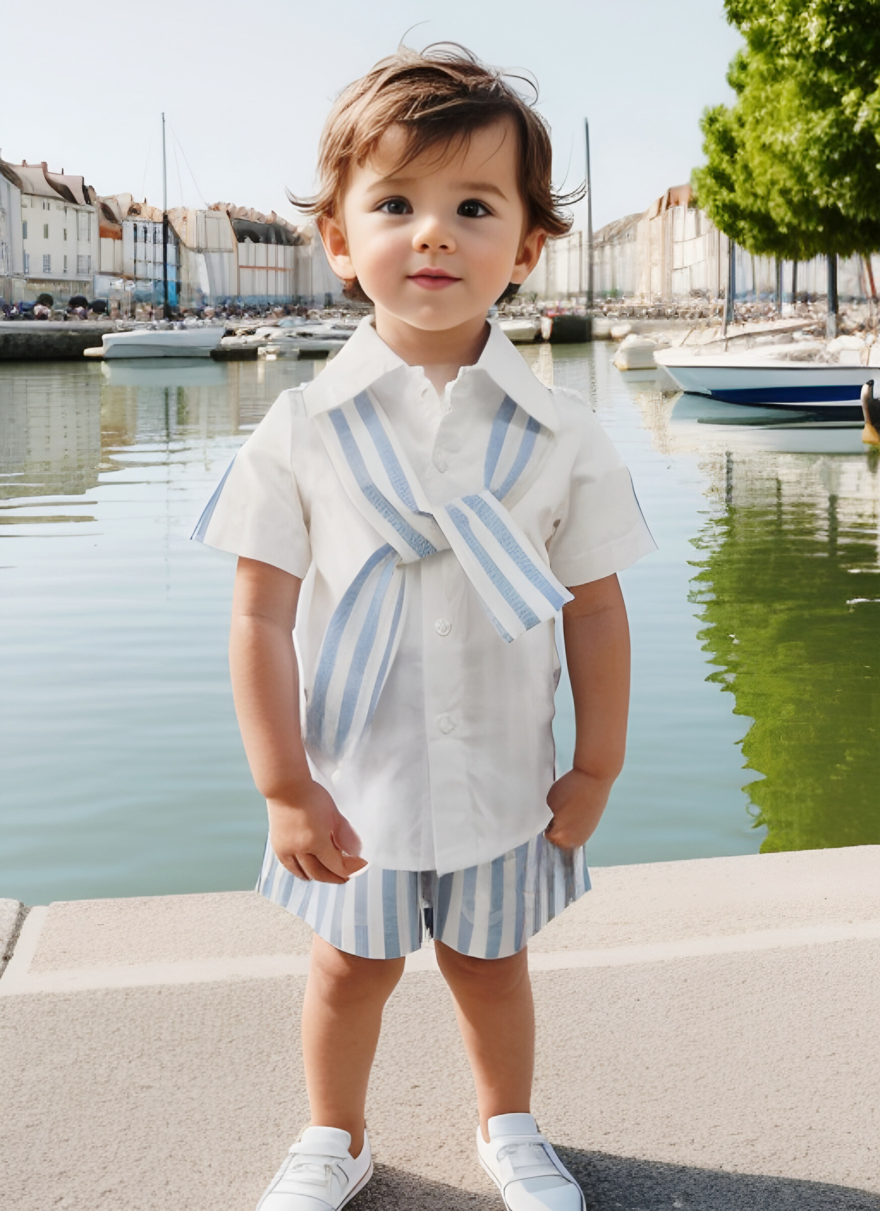 Grossiste Chicaprie - Ensemble Chemise Uni Avec Ruban Et Short A Rayure Style Bord De Mer Bébé Garçon
