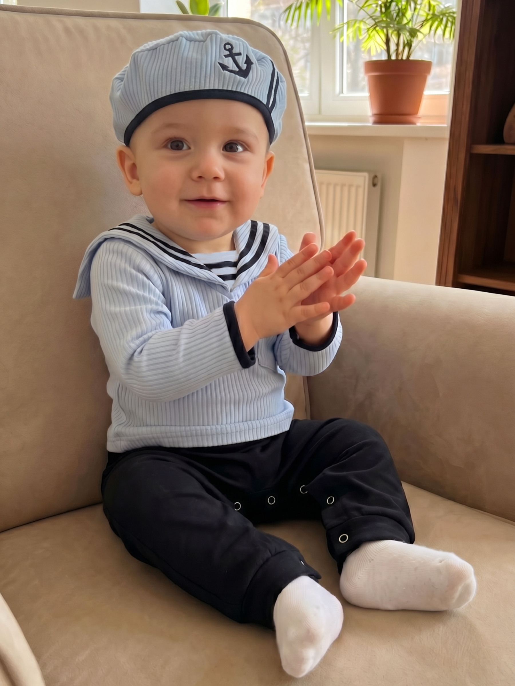 Grossiste Chicaprie - Grenouillère Style Marin Matelor avec Broderie Et Bonnet Bébé Garçon