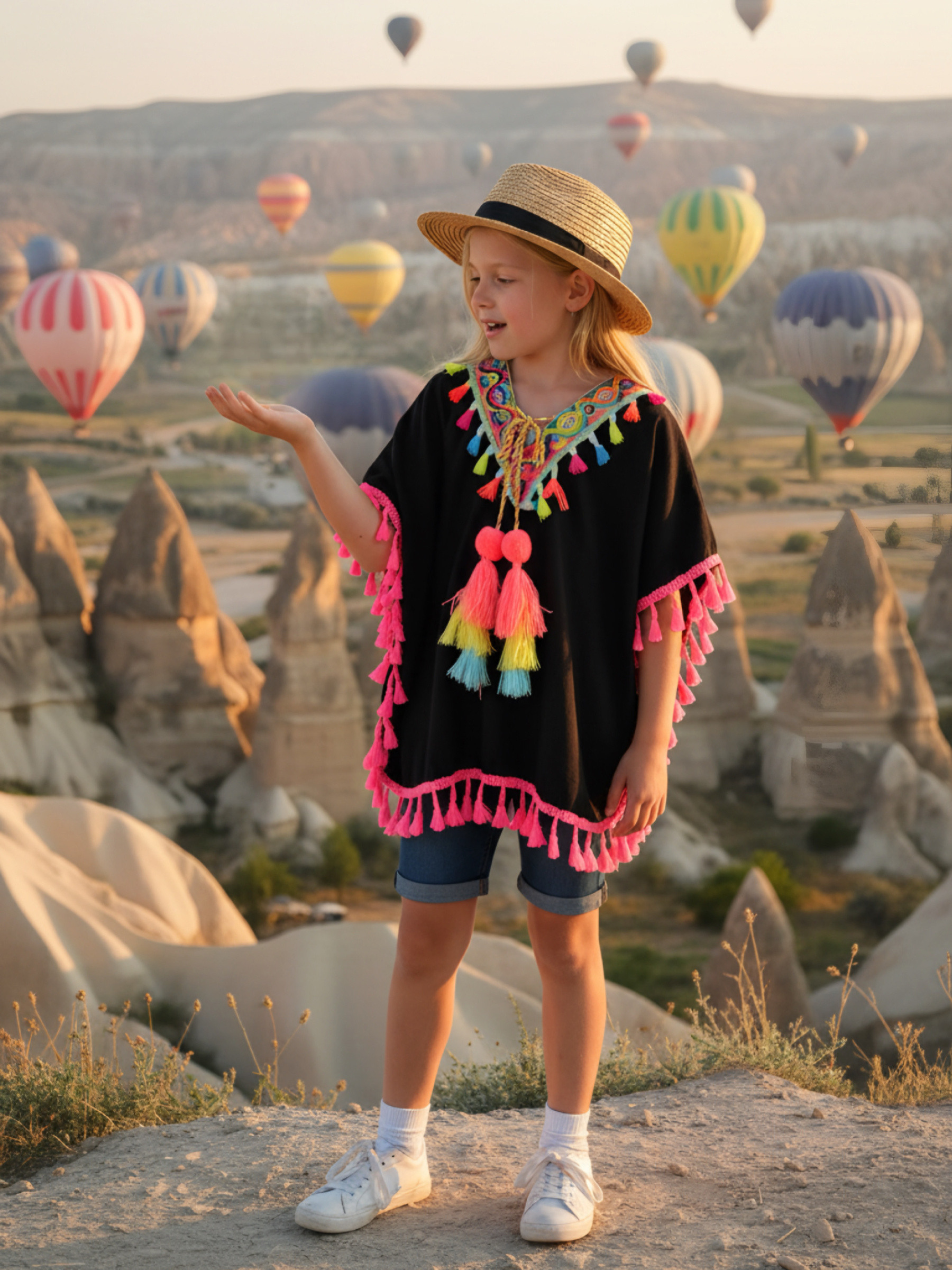 Mayorista Chicaprie - Poncho grande multicolor para niña con bordado y flecos