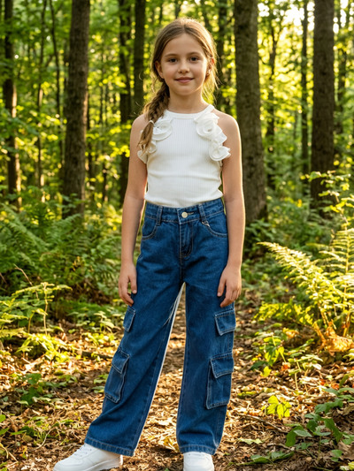 Grossista Chicaprie - Jeans cargo oversize da ragazza a tinta unita Grossista Chicaprie - Jeans cargo oversize da ragazza a tinta unita