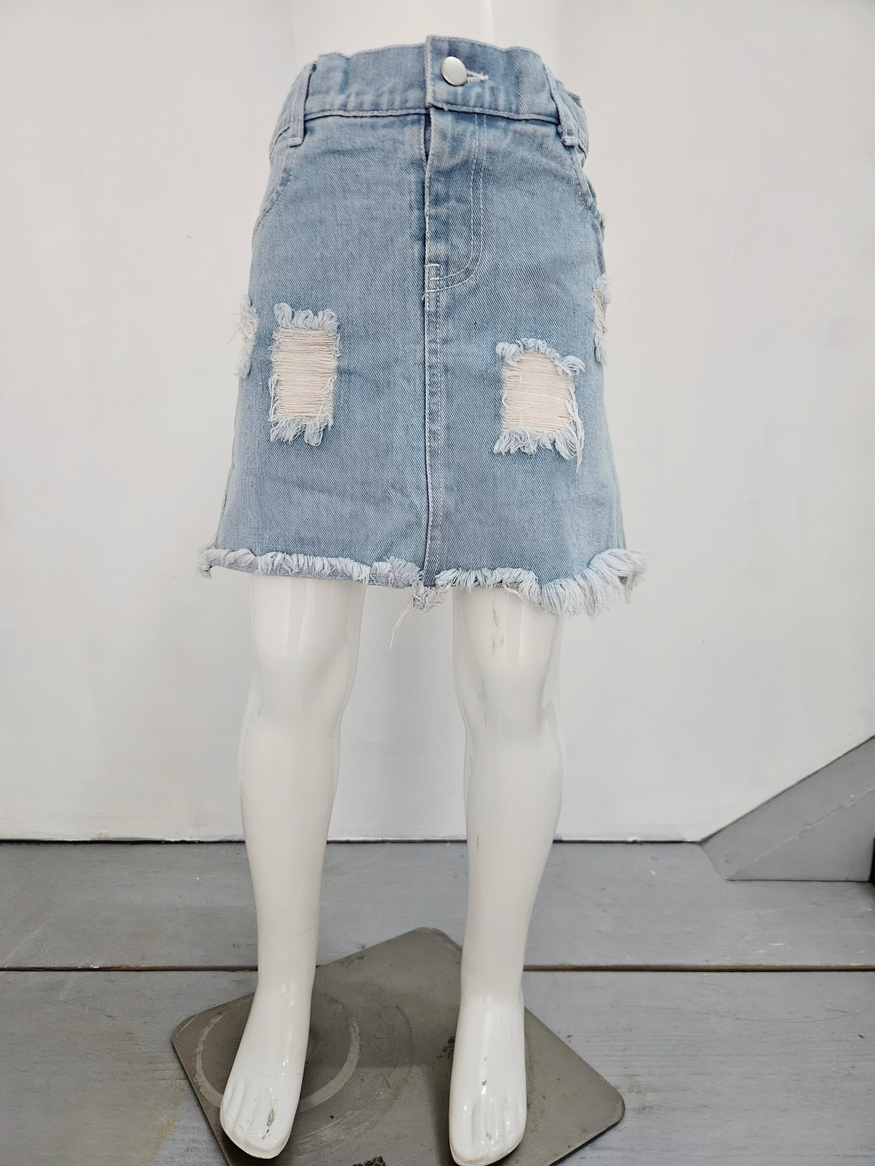 Grossiste Chicaprie - Jupe Mi Longue Jeans Déchirée Urbain Classique Fille