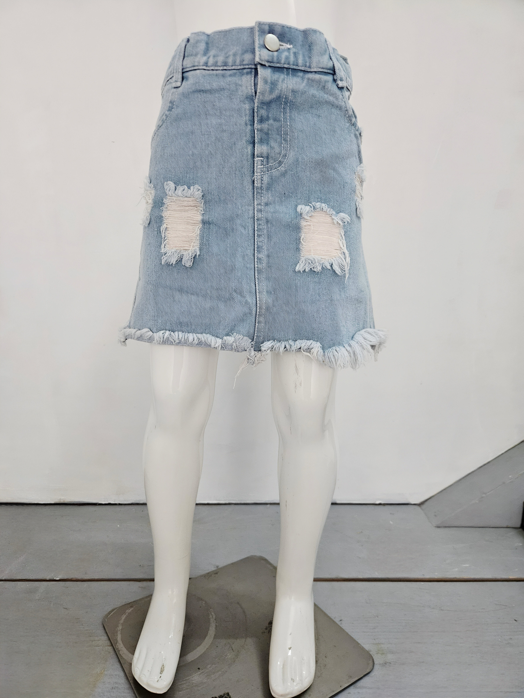 Grossiste Chicaprie - Jupe Mi Longue Jeans Déchirée Urbain Classique Fille