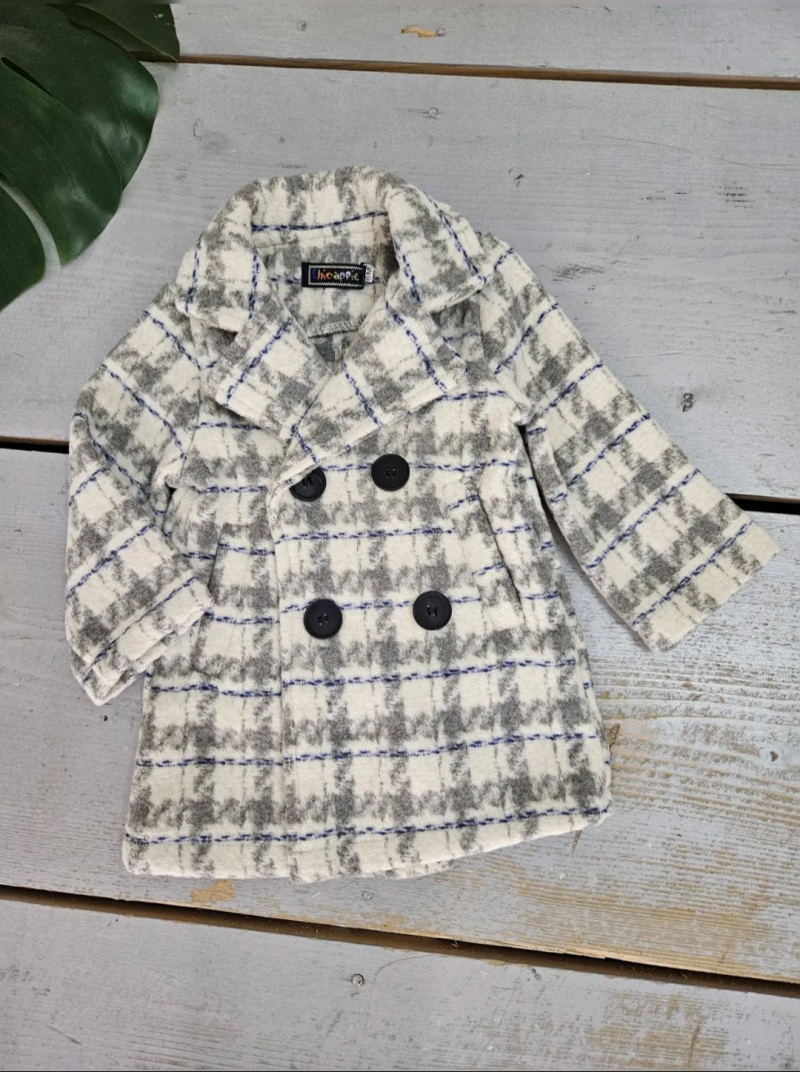 Grossiste Chicaprie - Manteau Trench Tweed A Rayures Carreaux Epais Boutons Bébé Garçon