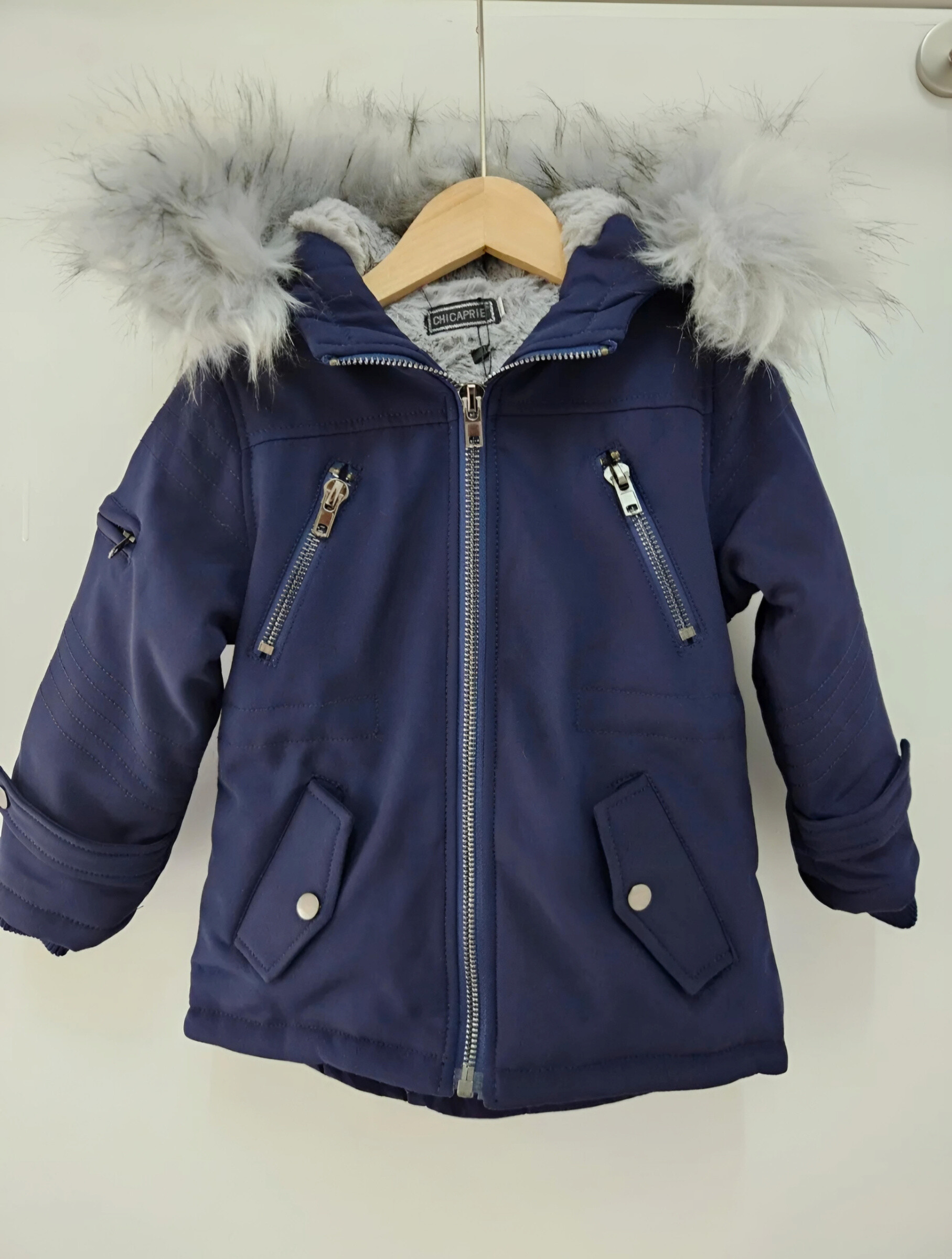 Mayorista Chicaprie - Parka lisa para niño con capucha de piel sintética y cremallera interior forrada de borreguito
