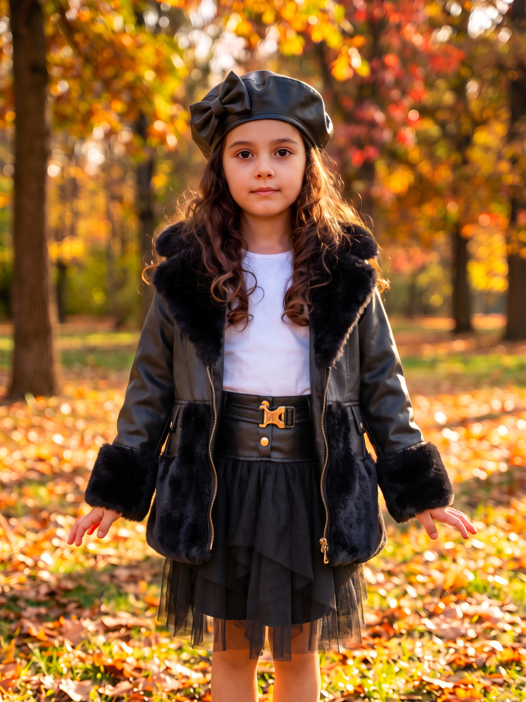 Grossiste Chicaprie - Manteaux Simili Cuir Uni Avec Faux Fourrure Et Béret Chic Urbain Fille