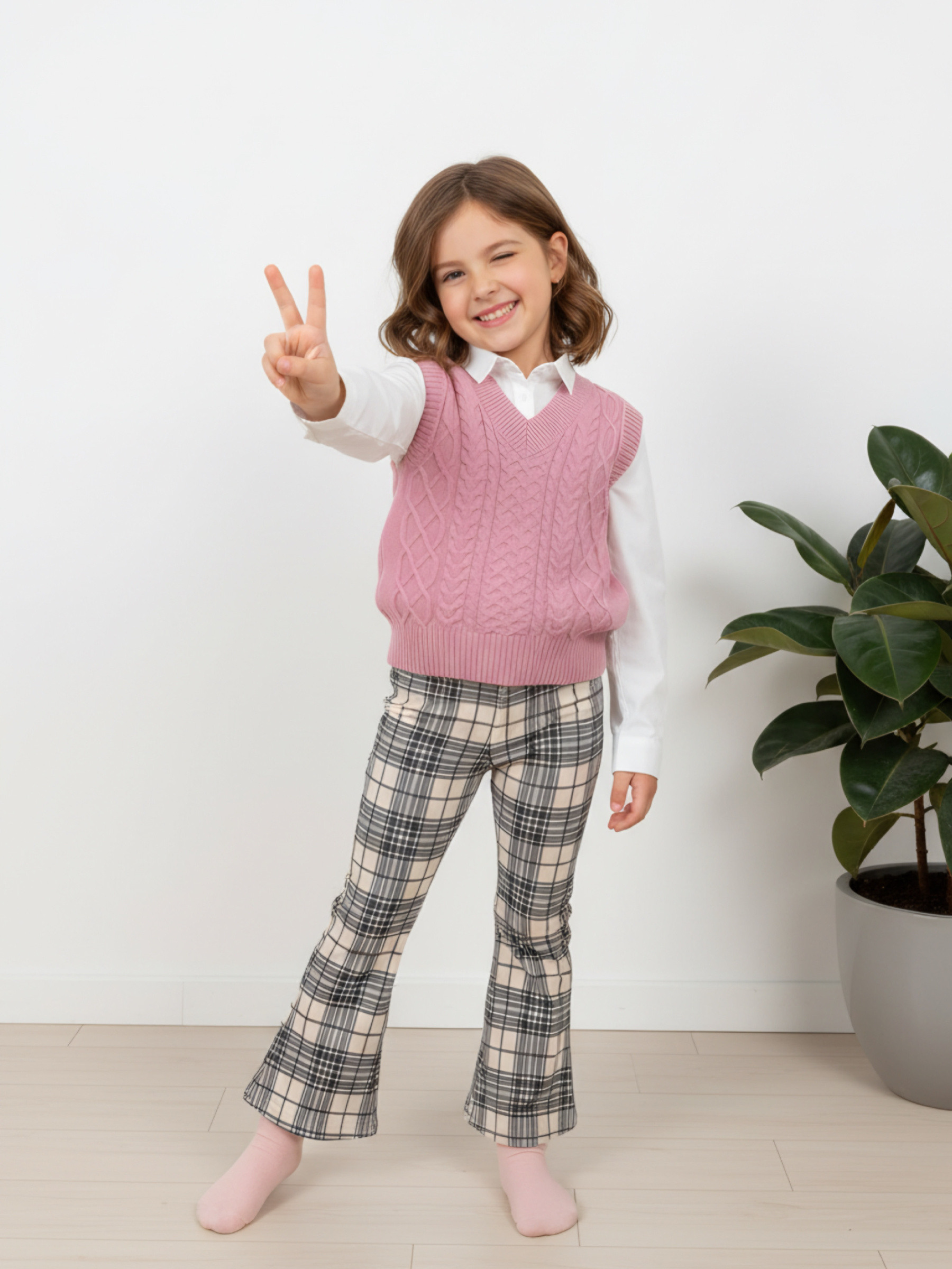 Grossiste Chicaprie - Pull Uni Sans Manches Maille Torsadée Avec Col V Cocooning Fille