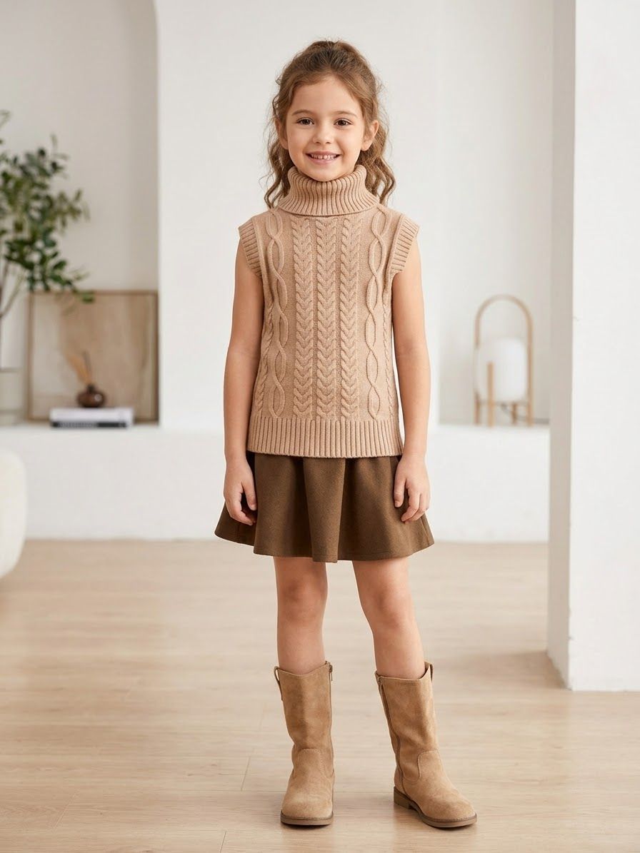 Mayorista Chicaprie - Jersey de punto sin mangas de cuello alto y estilo retorcido para niñas Mayorista Chicaprie - Jersey de punto sin mangas de cuello alto y estilo retorcido para niñas