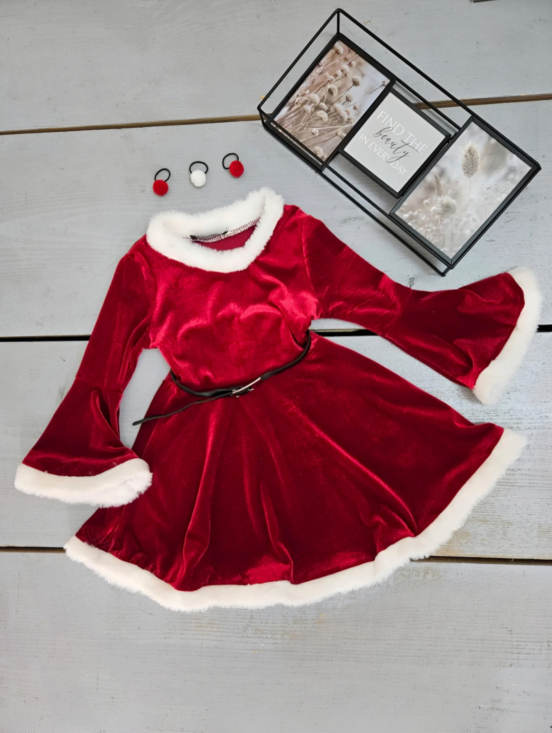 Wholesaler Chicaprie - Girls' Plain Dress With Faux Fur Christmas Girls