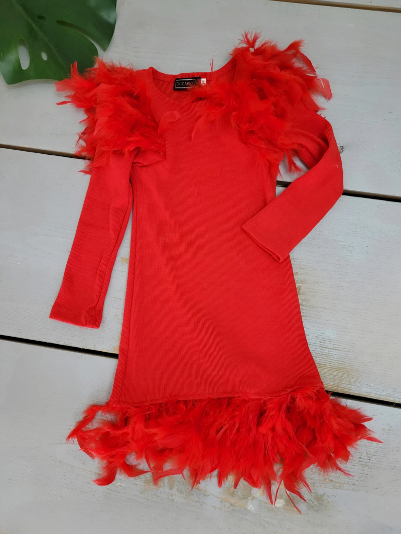 Grossiste Chicaprie - Robe Uni Avec Imitation Plume Aux Epaules Et Bas Fille