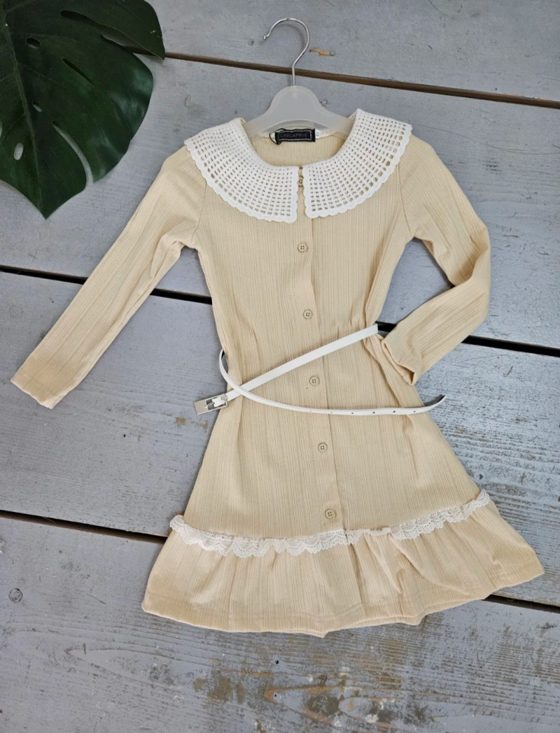 Grossiste Chicaprie - Robe Uni Manches Longue Avec Ceinture Et Col Dentelle Fille