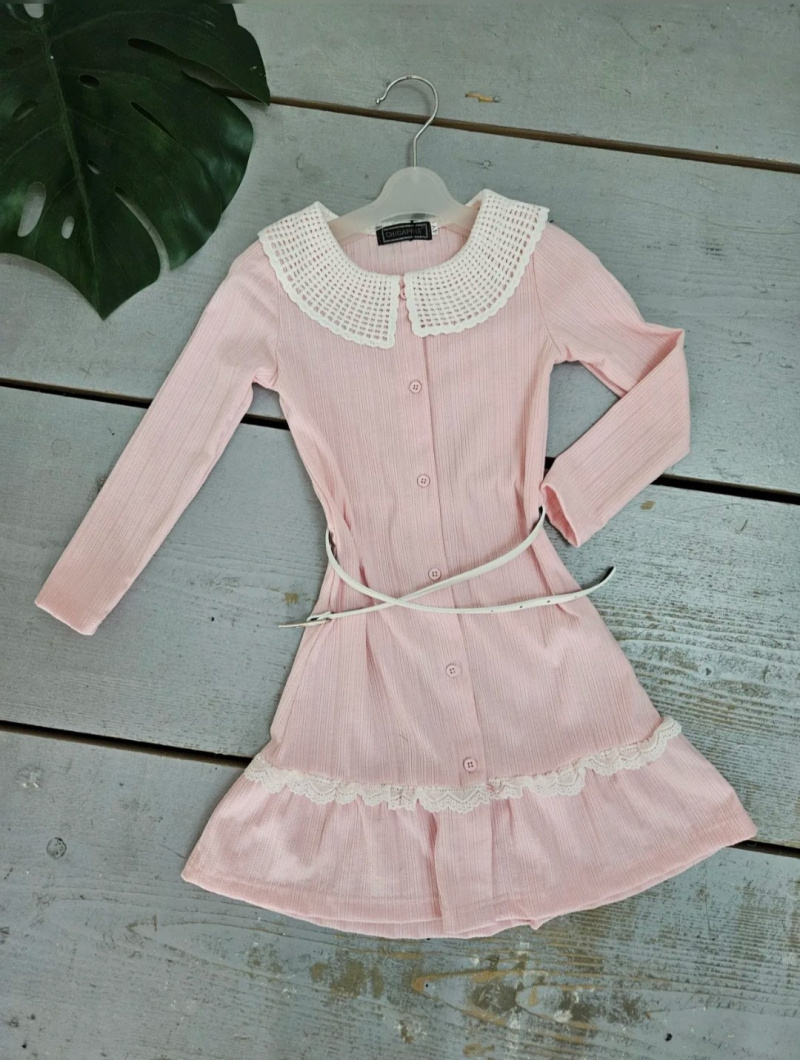 Mayorista Chicaprie - Vestido de Color Sólido con Cuello de Encaje, Mangas Largas, Tejido Finamente Acanalado y un Cinturón Fino Chic para Niñas