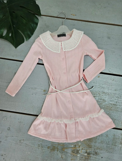Grossista Chicaprie - Abito a Tinta Unita con Colletto in Pizzo, Maniche Lunghe, Maglia Finemente a Coste e Cintura Sottile Chic per Ragazze Grossista Chicaprie - Abito a Tinta Unita con Colletto in Pizzo, Maniche Lunghe, Maglia Finemente a Coste e Cintura Sottile Chic per Ragazze
