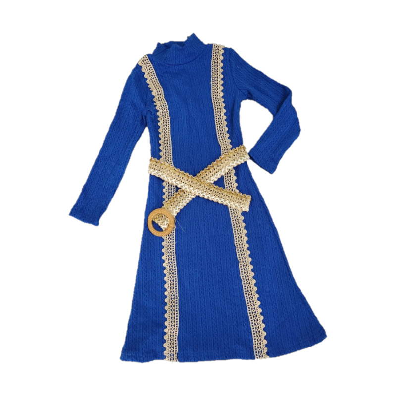 Grossiste Chicaprie - Robe Mi Longue Uni A Motif Torsadé Et Ceinture Fille