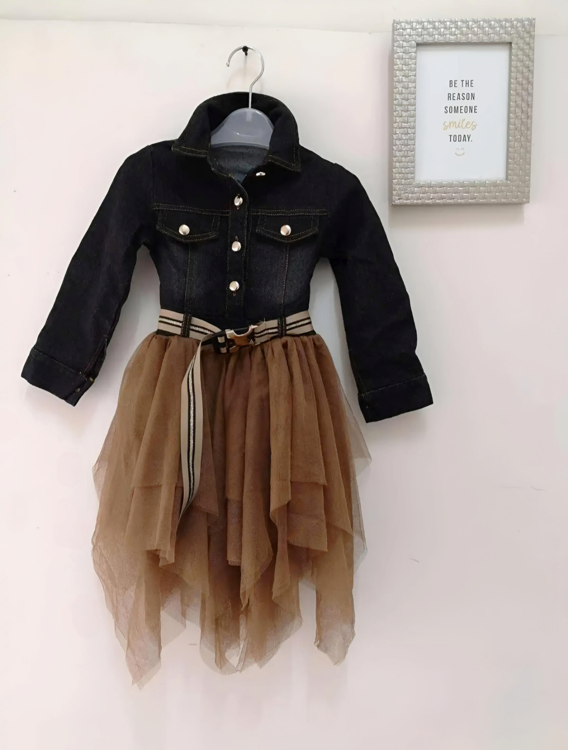 Wholesaler Chicaprie - Girl's Jeans Dress with Long Sleeves and Voile Bottoms with Buttons