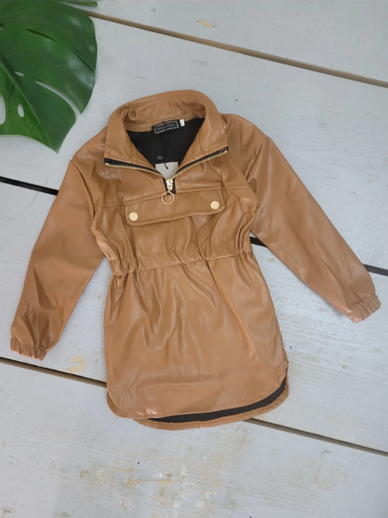 Grossiste Chicaprie - Robe Courte Uni Simili Cuir Zip Et Faux Poche Centrale Fille