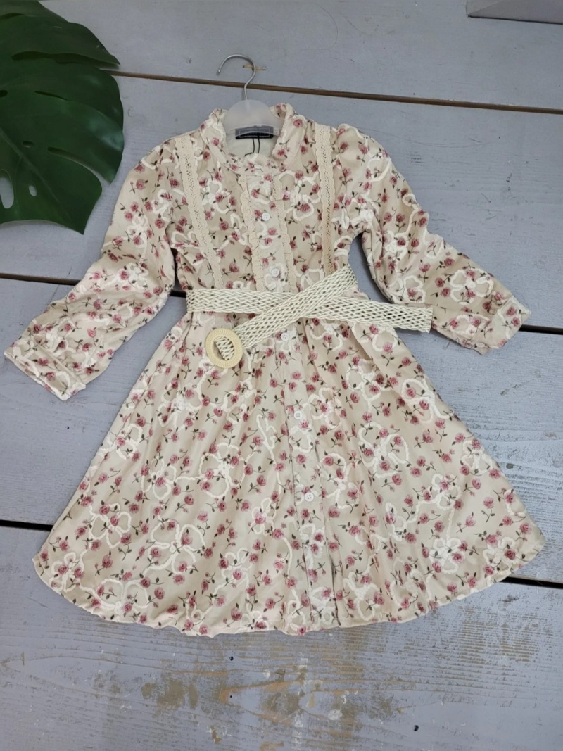 Grossiste Chicaprie - Robe Manches Longues Imprimée Florale Et Boutons Fluide Et Ceinture Fille