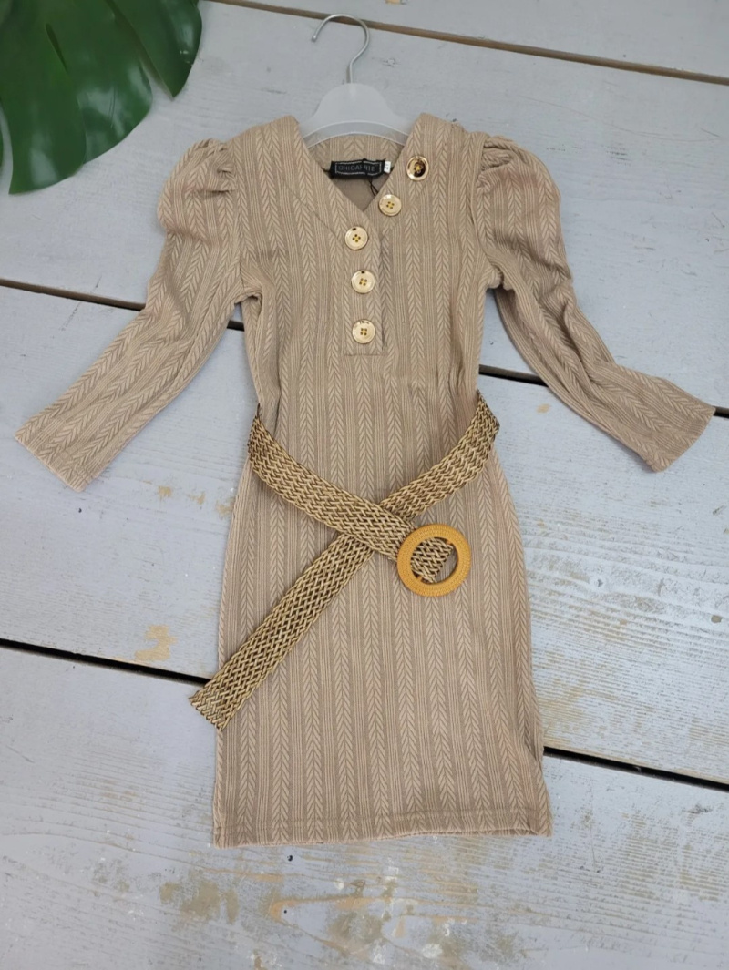 Grossiste Chicaprie - Robe Uni Relief Torsadé Avec Boutons Dorée Et Ceinture Manches Longues Fille