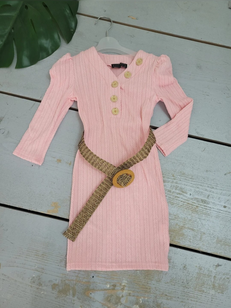 Großhändler Chicaprie - Einfarbiges Strickkleid mit Zopfmuster, goldenen Knöpfen und Gürtel, lange Ärmel für Mädchen