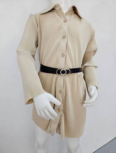 Grossista Chicaprie - Tunica monocromatica con colletto a camicia, pieghe e bottoni, con cintura, stile moderno, per ragazza Grossista Chicaprie - Tunica monocromatica con colletto a camicia, pieghe e bottoni, con cintura, stile moderno, per ragazza