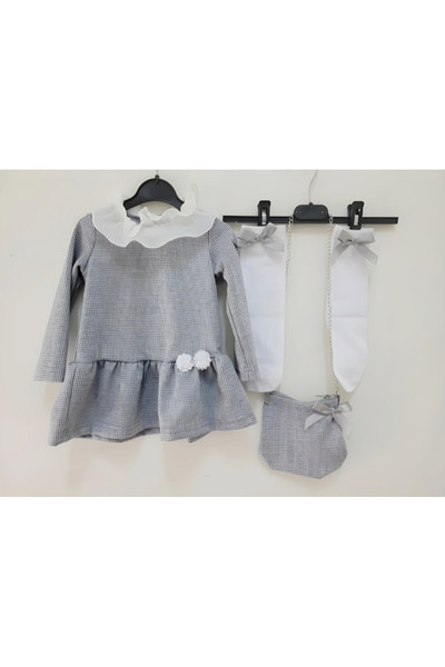 Grossista Chicaprie - Vestito maglia corto con colletto a volant e fiori con calzini e borsa con fiocco per bambina Grossista Chicaprie - Vestito maglia corto con colletto a volant e fiori con calzini e borsa con fiocco per bambina