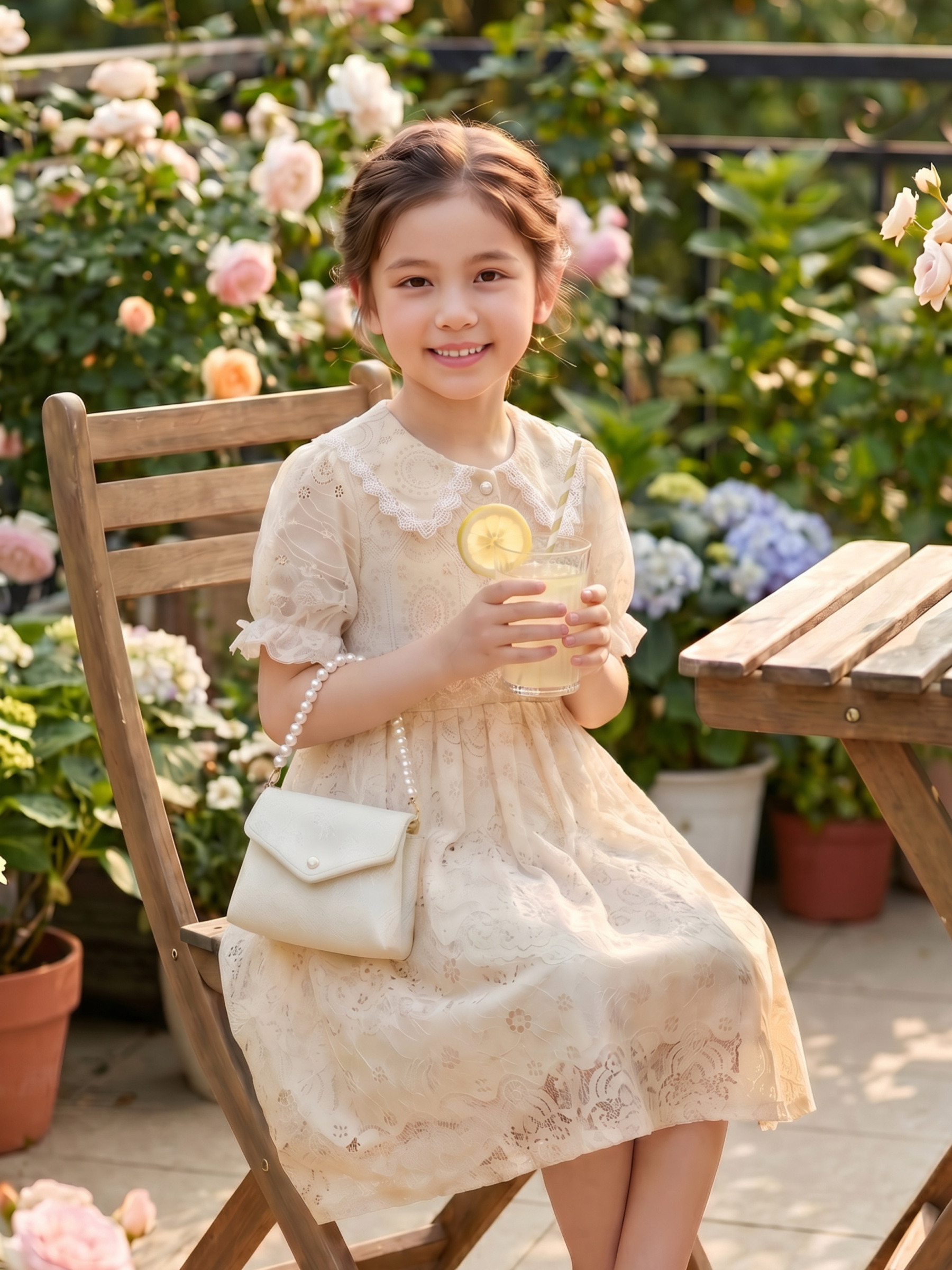 Grossiste Chicaprie - Robe Dentelle Unie Casual Chic Avec Perle Et Sac Fantaisie Fille