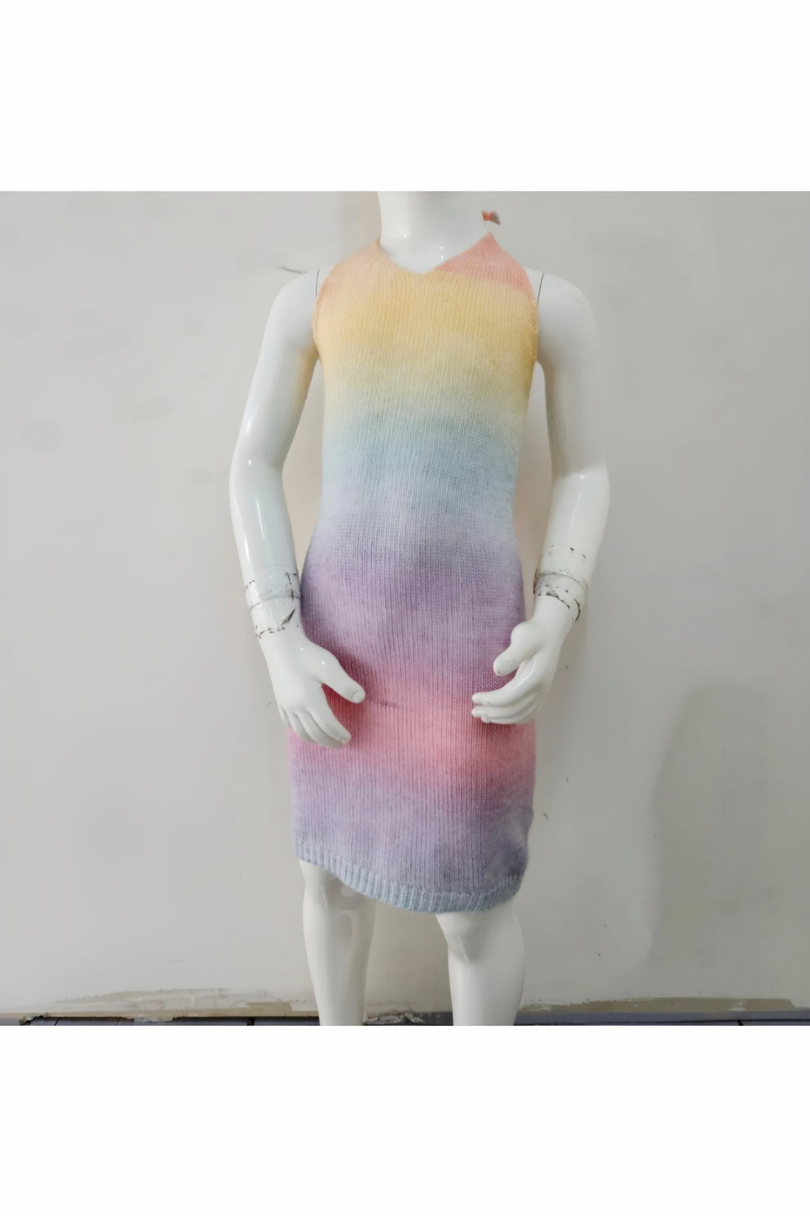 Großhändler Chicaprie - Ärmelloses, mehrfarbiges Strickkleid im Vibe-Stil mit offenem Rücken für Mädchen