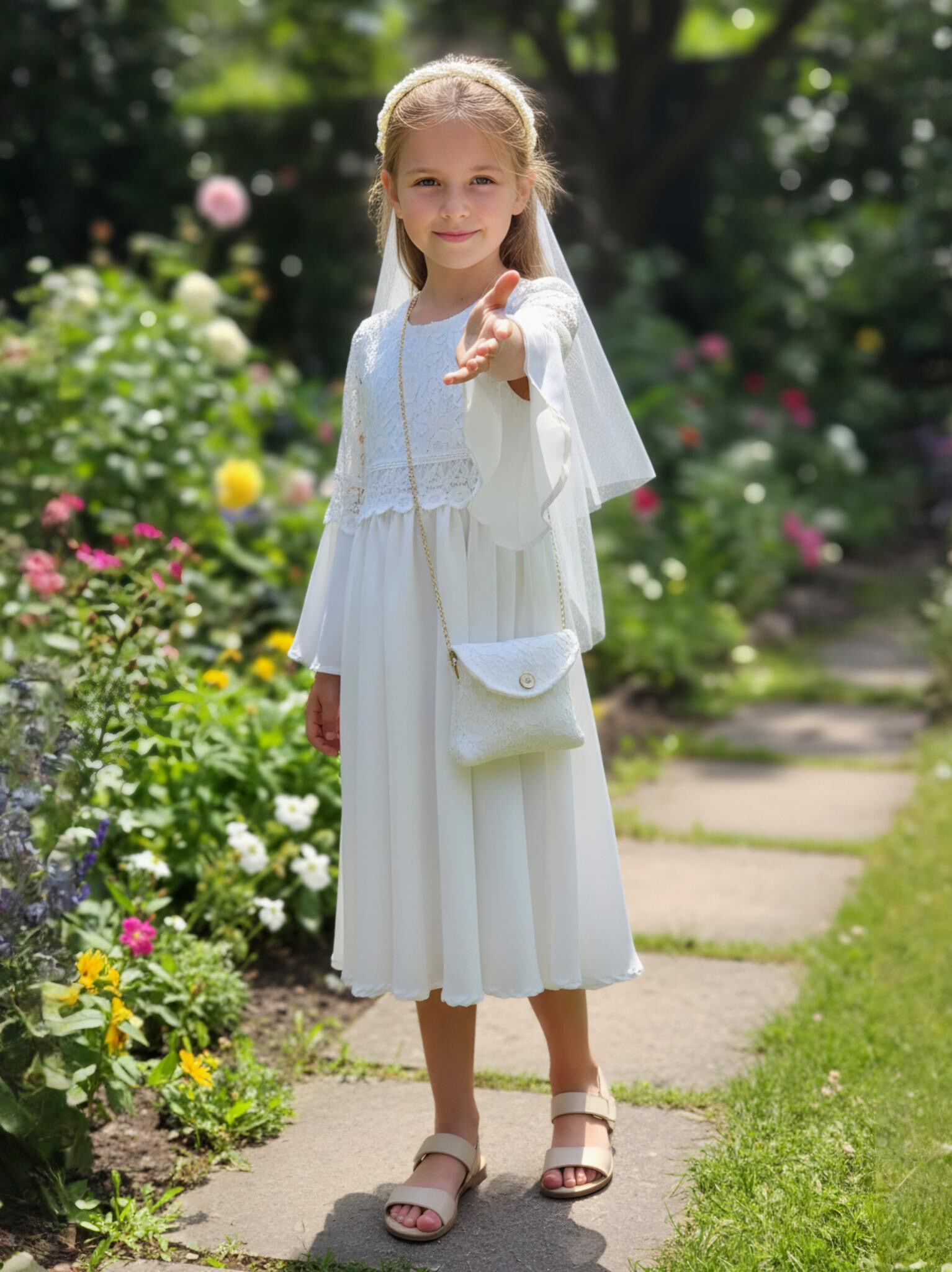 Mayorista Chicaprie - Vestido floral con encaje y vestido liso con bolso y diadema para niña