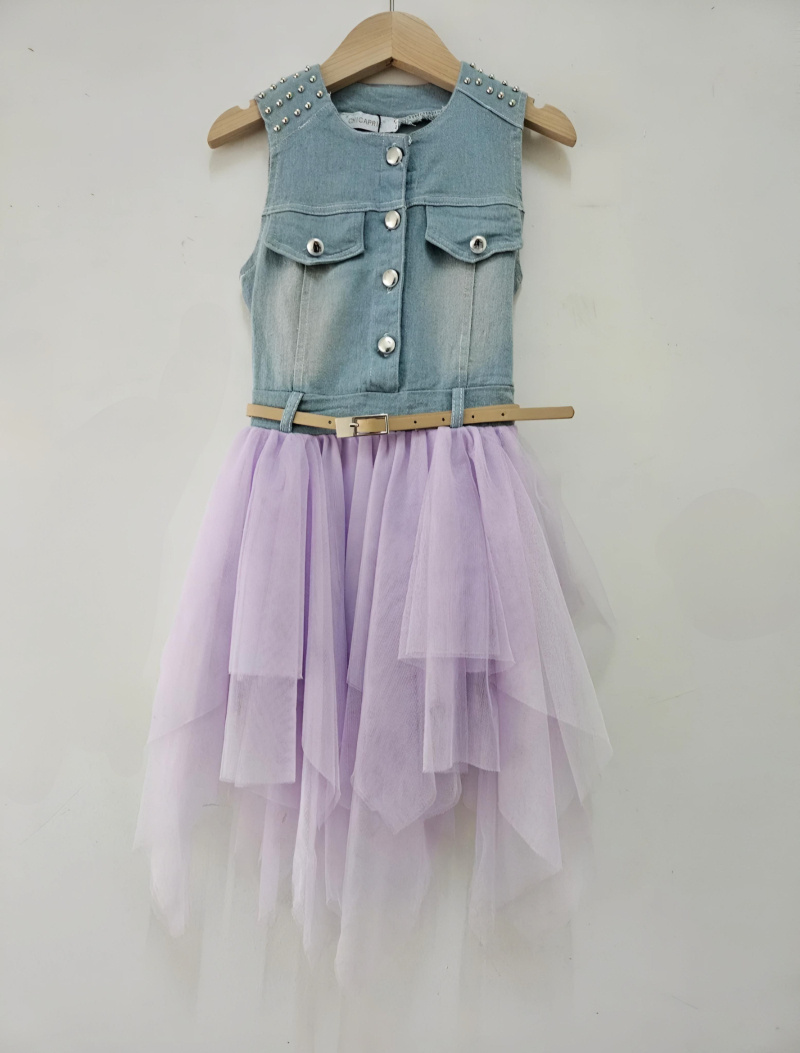 Wholesaler Chicaprie - Dress Top Jeans Buttons Belt With Flowing Sheer Bottom Girl