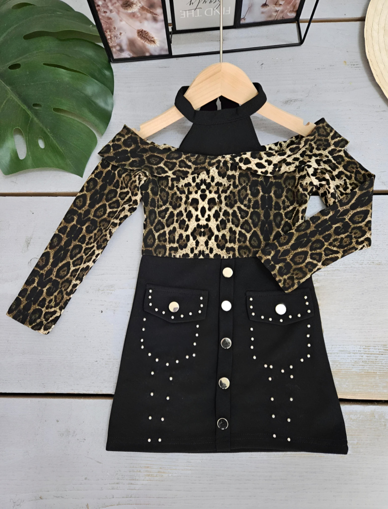 Wholesaler Chicaprie - Off-the-shoulder leopard print dress with buttons and studs at the bottom, for girls