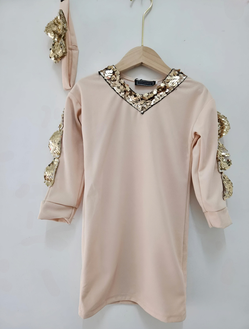 Grossiste Chicaprie - Robe Col V Contraste Uni Manches Longues Noeud Brillant Et Paillettes Soirée Fête Fille