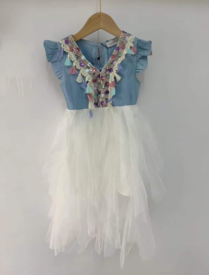 Mayorista Chicaprie - Vestido de Niña con Top Tejano y Flecos, Braguita de Voile