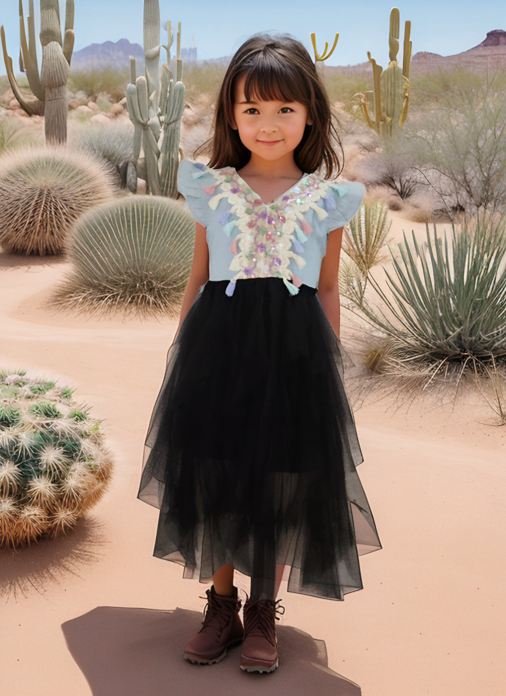 Grossiste Chicaprie - Robe Haut Jeans Et Franges, Bas Voile Uni Bohème Fille