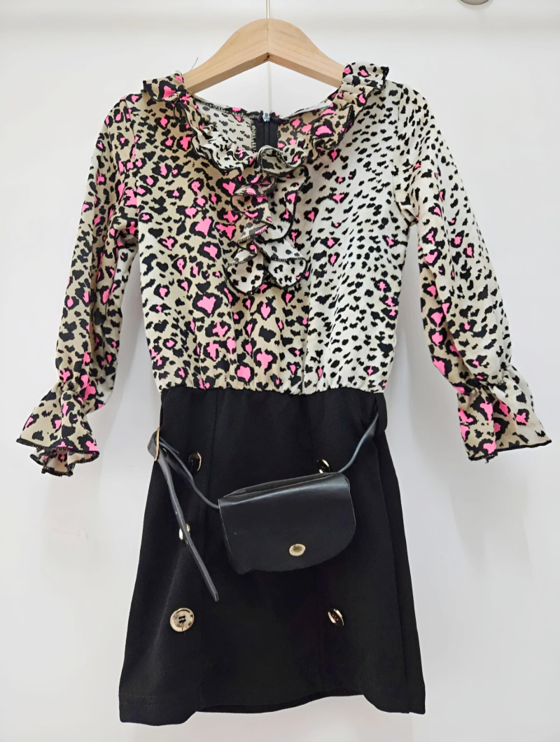 Grossiste Chicaprie - Robe Manches Longues Léopard Et Unie Avec Boutons Fille