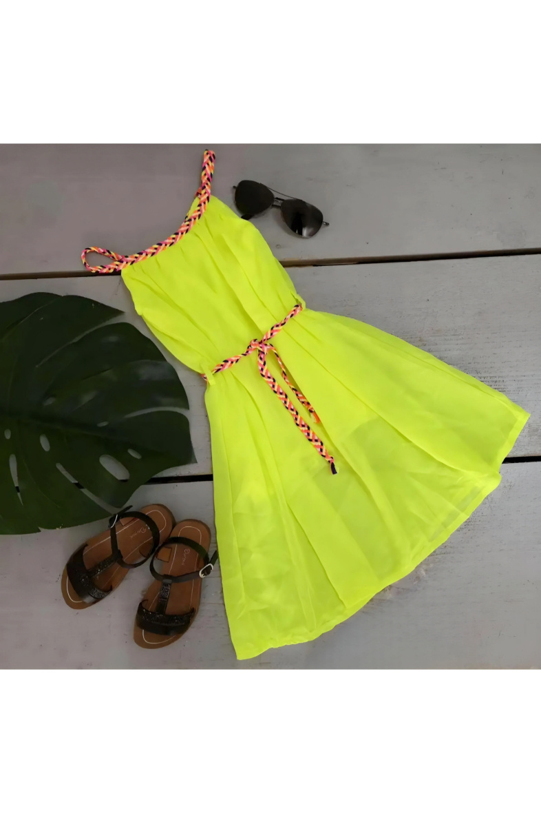 Wholesaler Chicaprie - Flowing plain dress with thin straps and a multicoloured belt for girls