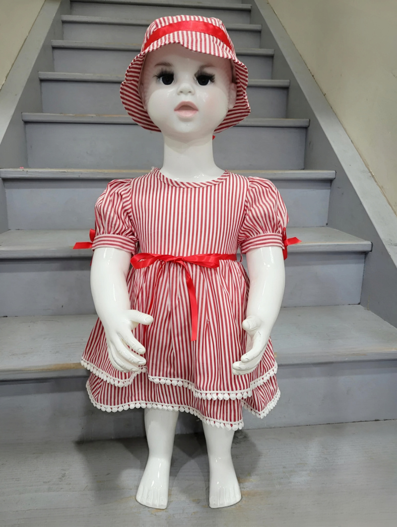 Wholesaler Chicaprie - Baby Girl's Striped Dress With Pompoms, Ribbons and Bows With Leggings and Hat